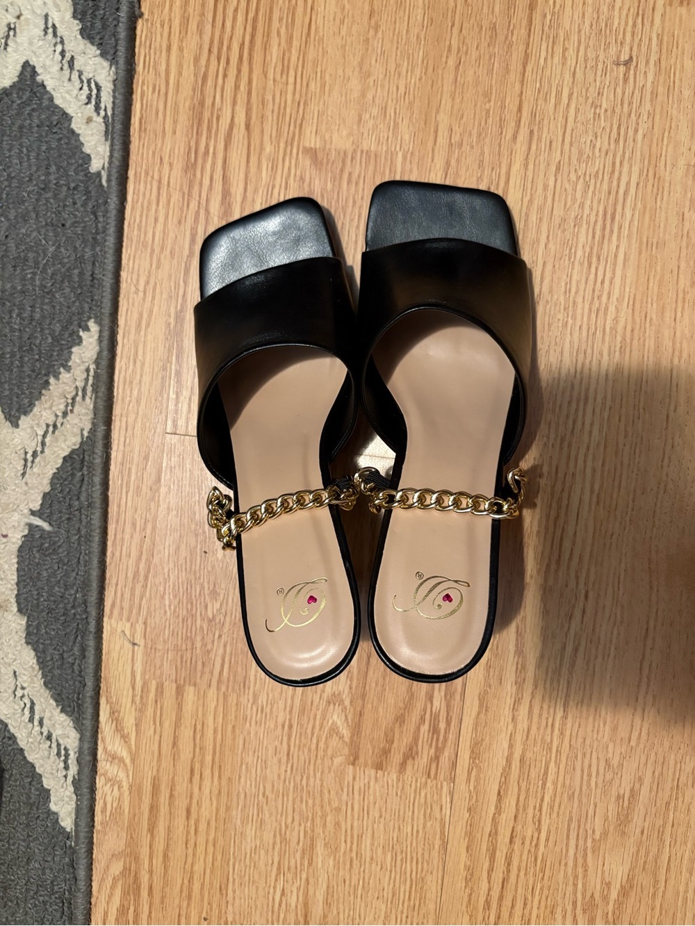 Gold-Chain Black Slide Sandals
